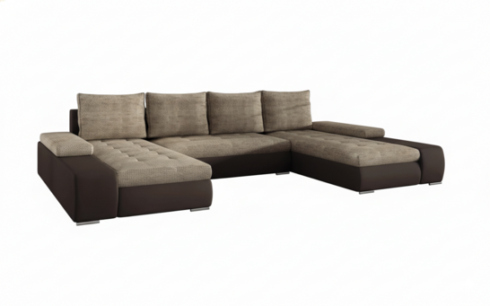 Milánó U alakú sarokkanapé barna bőr-világosbarna zsákszövet puffal