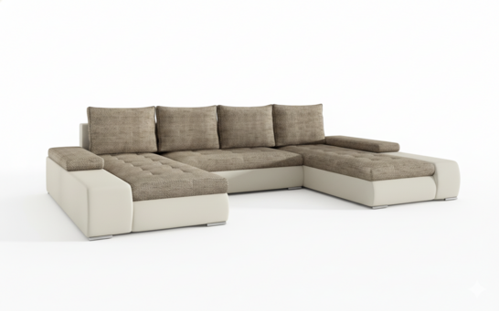 Milánó U alakú sarokkanapé bézs bőr-világosbarna zsákszövet puffal