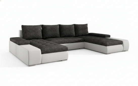 Milánó U alakú sarokkanapé fehér bőr-sötétszürke zsákszövet puffal