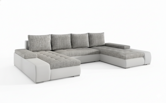 Milánó U alakú sarokkanapé fehér bőr-világosszürke zsákszövet puffal