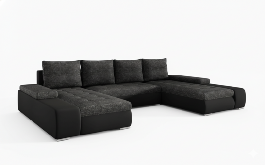 Milánó U alakú sarokkanapé fekete bőr-sötétszürke zsákszövet puffal