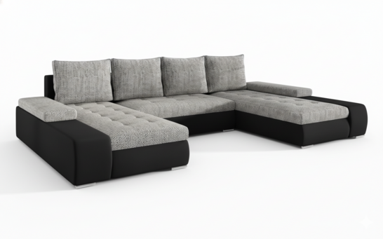 Milánó U alakú sarokkanapé fekete bőr-világosszürke zsákszövet puffal