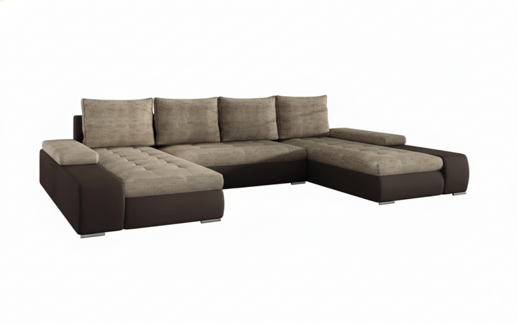 Milánó U alakú sarokkanapé barna bőr-világosbarna zsákszövet puffal