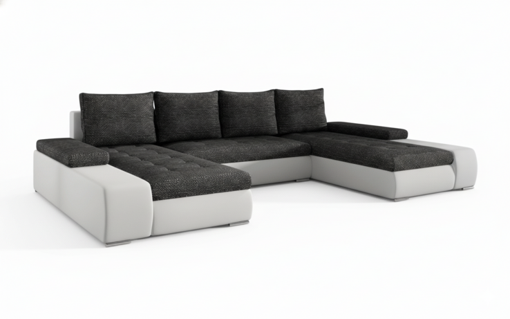 Milánó U alakú sarokkanapé fehér bőr-sötétszürke zsákszövet puffal