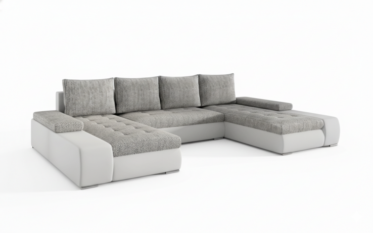 Milánó U alakú sarokkanapé fehér bőr-világosszürke zsákszövet puffal
